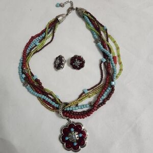 Multicolor Beaded Flower Pendant Necklace and Earrings Set